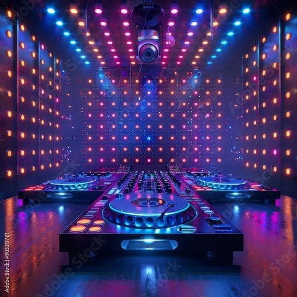 Fototapeta DJ setup in a colorful room with LED lights.