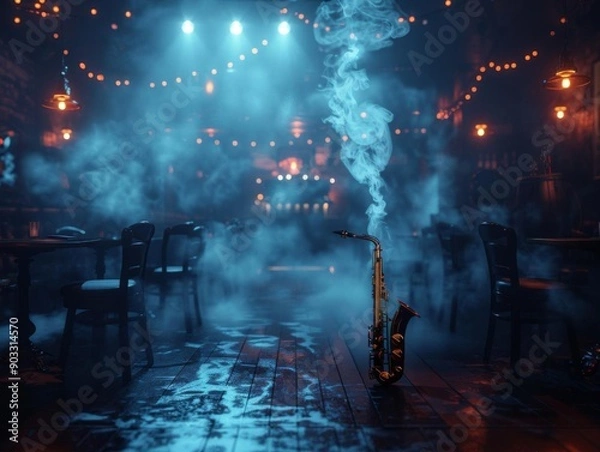 Obraz A saxophone rests on a table in a dimly lit jazz bar.
