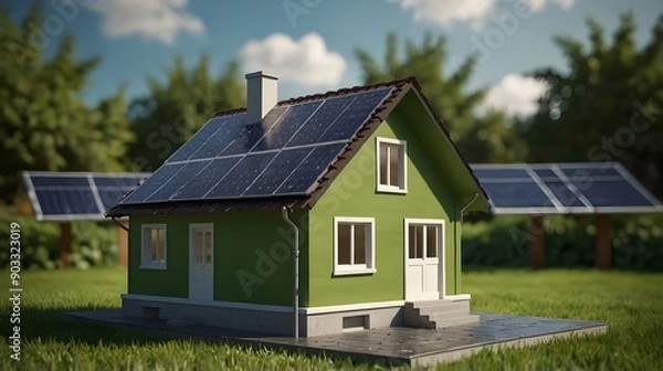 Fototapeta A 3D model of a house in a green environment with solar panels on the roof represents financial and energy savings