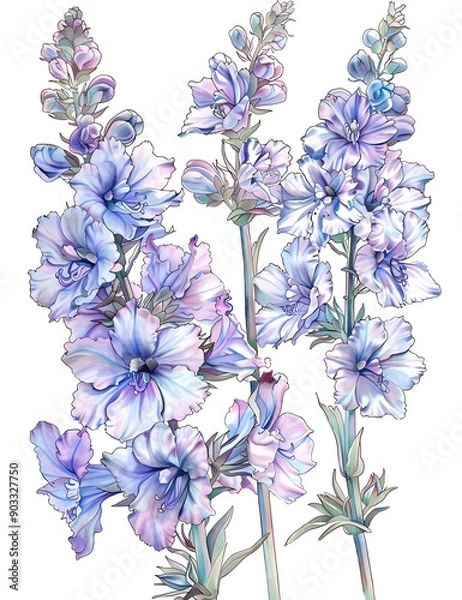 Obraz Beautiful larkspur coloring page with colorful flowers and pencils.