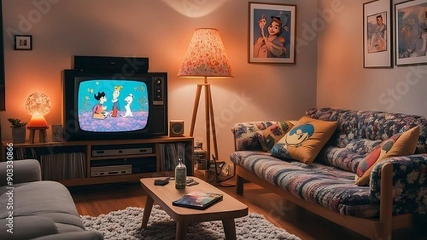 Obraz A cozy 90s living room featuring a tube TV playing classic cartoons, VHS tapes on a wooden shelf, a floral-patterned sofa with a knitted blanket, and a lava lamp on a side table.