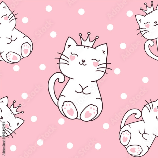 Fototapeta Seamless Pattern of Cute Cat Queen Wearing Crown with Snow Polka Dots Decoration on Pink Background
