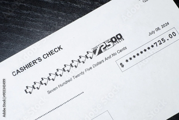 Fototapeta Close up of a bank cashiers check isolated on black