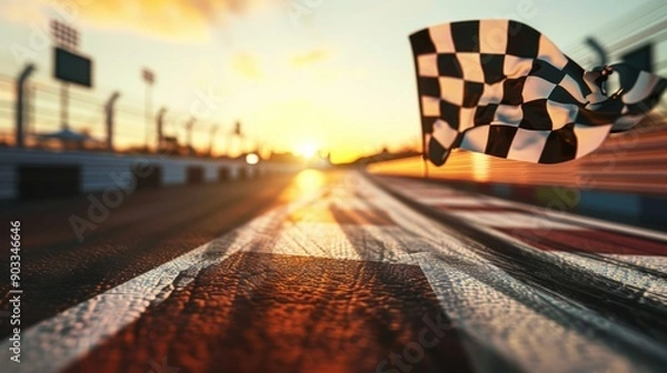 Obraz Checkered Flag Finish Line at Sunset