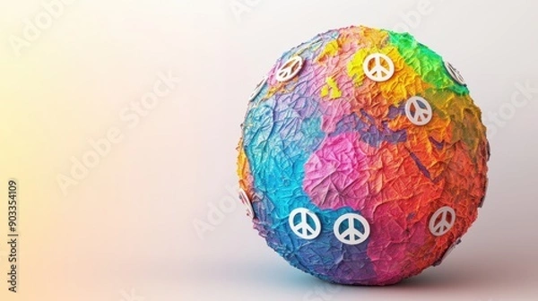 Fototapeta Colorful globe with peace symbols, representing global unity and harmony. Bright and artistic concept, ideal for peace and equality themes.