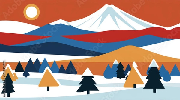 Fototapeta Abstract winter flat landscape with mountains and forest.