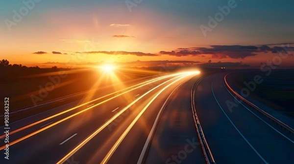 Fototapeta Golden Sunset Highway: A vast highway bathed in the warm glow of a setting sun, its lanes ablaze with the light trails of speeding vehicles, symbolizing journey, progress, and the pursuit of dreams. 