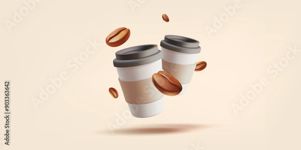 Obraz Paper cups with coffee and coffee beans, 3D. Realistic, beautiful composition for advertising and promotion of coffee shops, coffee delicious hot drinks. Vector illustration.