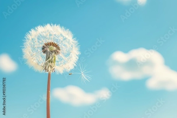 Fototapeta A beautiful dandelion with fluffy white seeds set against a clear blue sky. The delicate plant stands tall, with the vibrant sky providing a serene and peaceful backdrop.






