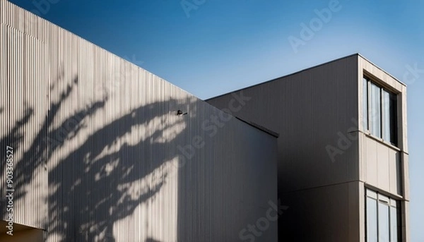 Fototapeta A building with corrugated siding casts shadows across its facade