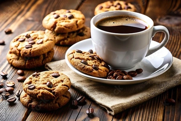 Fototapeta Coffee and Chocolate Chip Cookies on Wooden Table.