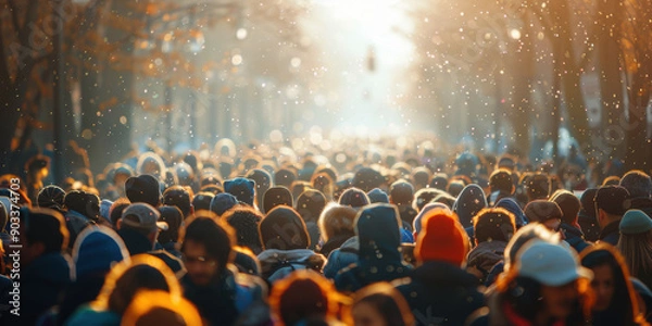Fototapeta A large crowd of people walking down a sunlit street, capturing a bustling urban atmosphere with warm sunlight.