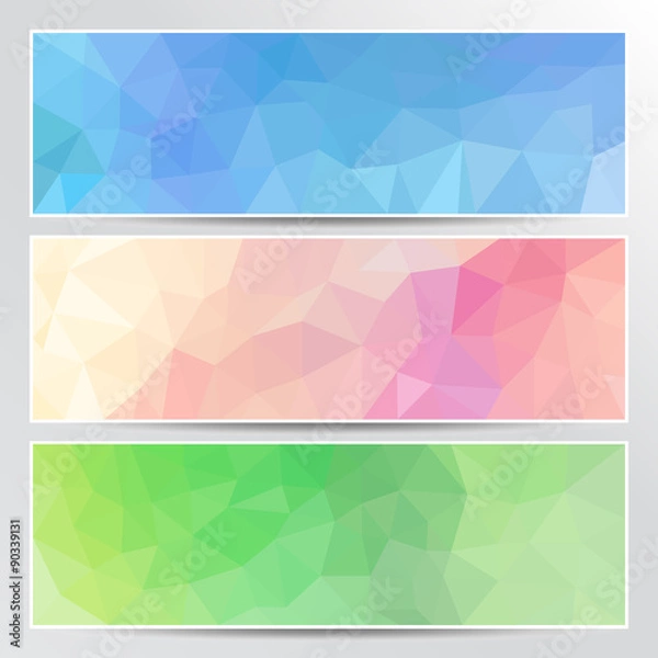 Fototapeta Set of bright polygon style geometric banners. Collection of background patterns and headers in green, purple, pink and blue color.