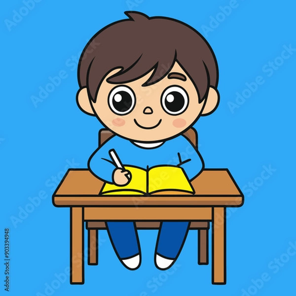Fototapeta Little children sitting at the table reading books happily vector art illustration