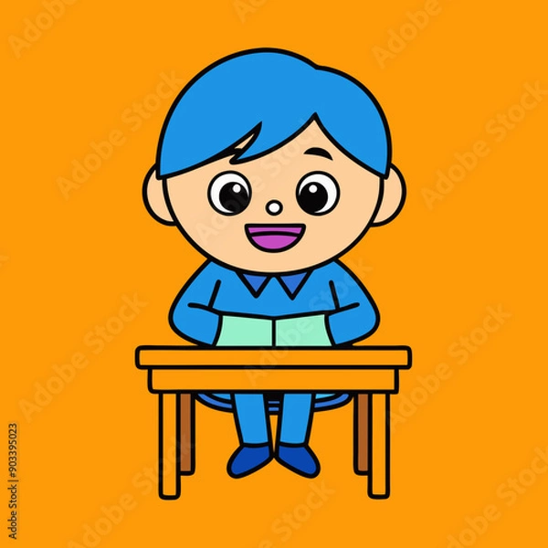Fototapeta Little children sitting at the table reading books happily vector art illustration