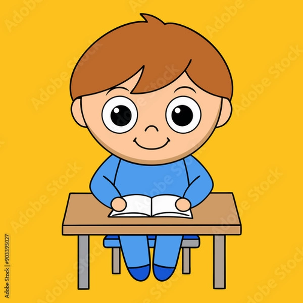 Fototapeta Little children sitting at the table reading books happily vector art illustration