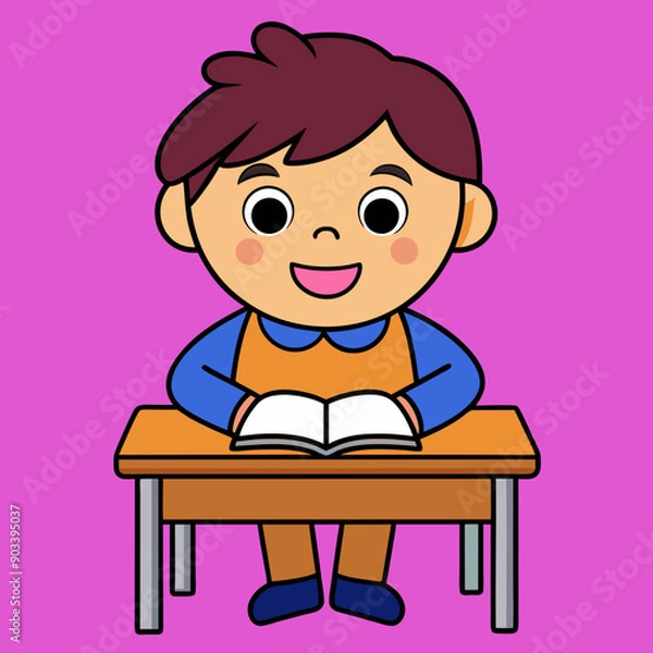 Fototapeta Little children sitting at the table reading books happily vector art illustration