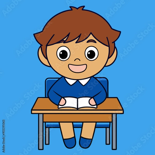 Fototapeta Little children sitting at the table reading books happily vector art illustration