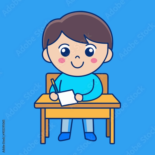 Fototapeta Little children sitting at the table reading books happily vector art illustration
