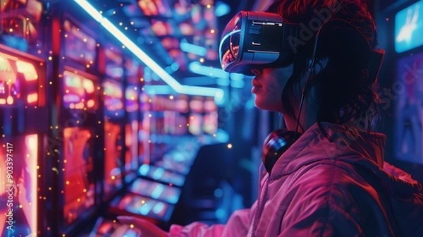 Fototapeta A gamer wearing AR glasses in a high-tech gaming room, engaging with virtual game elements and holographic interfaces, with vibrant neon lights and a dynamic, immersive background.