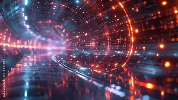 Fototapeta A quantum computer processing vast amounts of data, with visual representations of quantum entanglement and data flow, in a clean, high-tech environment with bright, even lighting.