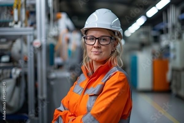 Fototapeta Confident Female Engineer in Safety Gear Posing in an Industrial Factory Setting