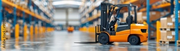 Fototapeta A forklift is in a warehouse with a lot of boxes