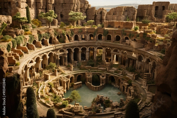 Fototapeta Ancient Roman Amphitheater Ruins with Vegetation, Sunlit Arches, and Central Pool. Majestic View of Roman Ruins with Greenery, Arches, Pillars, and Central Water Feature.