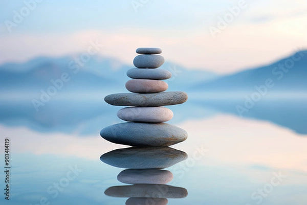 Fototapeta Serene Rock Balance Over a Calm Reflective Lake at Sunrise with Soft Blue and Pink Hues, Peaceful Zen Stone Stack on a Still Water Surface with Mountain Backdrop in Tranquil Morning Light.