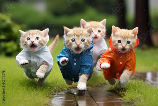 Fototapeta Adorable Kittens in Colorful Raincoats Running Joyfully on a Wet Garden Path. Four Playful Kittens Racing in Bright Raincoats on a Rainy Garden Day.