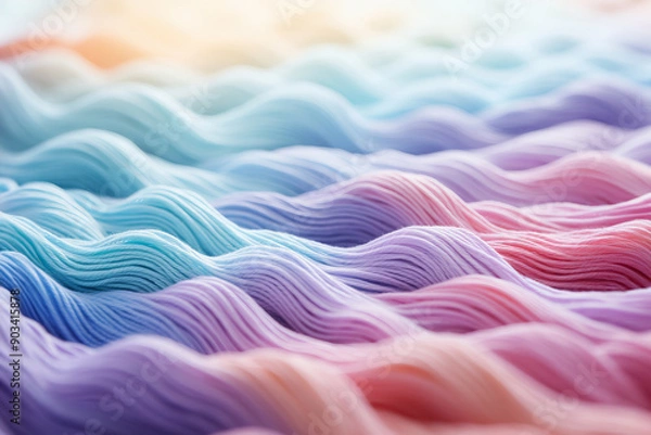 Fototapeta Close-Up of Soft Pastel-Colored Threads in Wave Pattern for Knitting and Crafting Inspiration.Textured Wavy Pattern of Pastel Yarn in Soothing Hues for Knitting, Weaving, and Creative Design.
