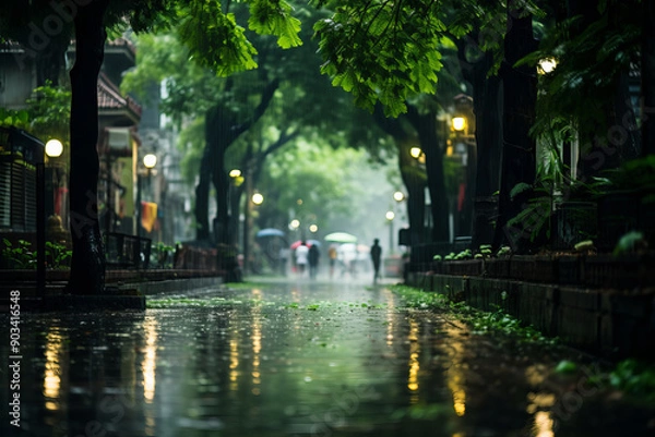 Fototapeta Rainy Street with Reflections, Greenery, and People Holding Umbrellas. Urban Path with Trees, Lanterns, and People Under Umbrellas in the Rain.