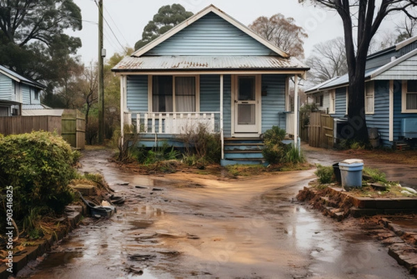 Fototapeta Charming Blue House in a Quaint Neighborhood After a Rainfall with Muddy Pathway and Overgrown Foliage. Rustic Cottage in a Serene Suburban Setting on a Rainy Day.