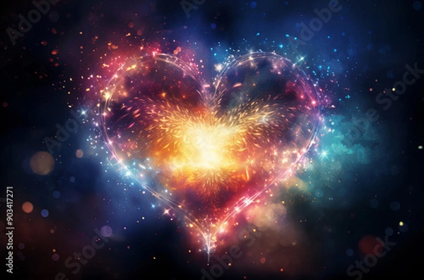 Fototapeta Mesmerizing Explosion of Colors and Light of Vibrant Heart of Cosmic Love. Stunning Heart-Shaped Light Display in the Universe.
