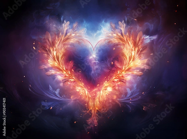 Fototapeta Mesmerizing Explosion of Colors and Light of Vibrant Heart of Cosmic Love. Stunning Heart-Shaped Light Display in the Universe.