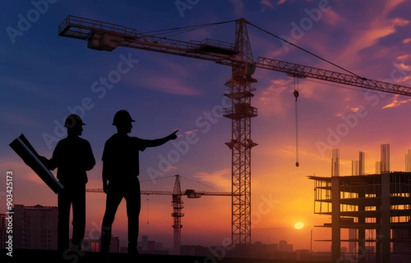 Fototapeta silhouette of two construction workers with helmet and holding rolled up blueprints