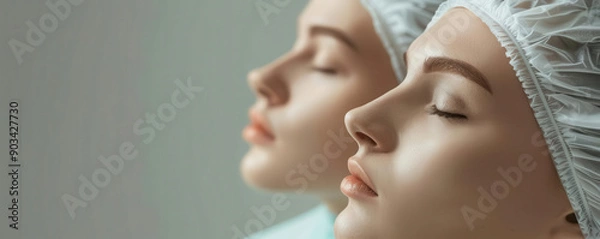 Obraz Beauty technicians using 3D imaging for eyelid lift and tummy tuck, steampunk style, sepia tones, mechanical elements