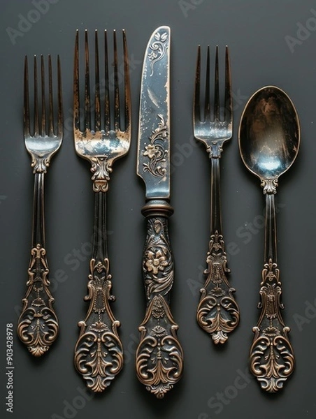 Obraz Antique Silverware Set on a Dark Background