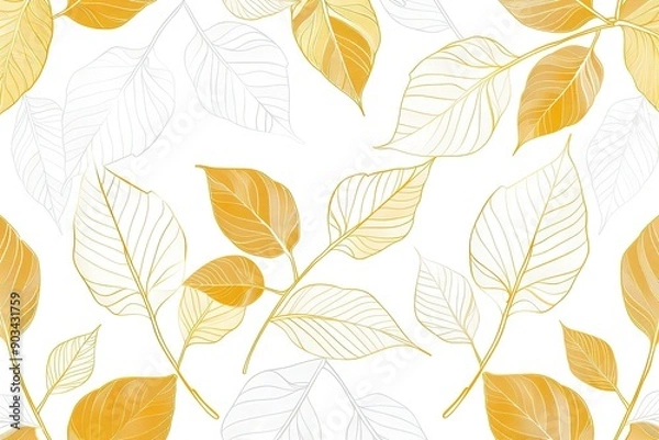 Fototapeta A pattern with a cartoonistic illustration of a white and gold leaves white background. Thick cartoon
