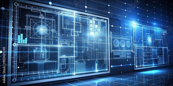 Fototapeta A high-tech system displaying blueprints and trend analysis , technology, display, blueprint, visualization, analysis