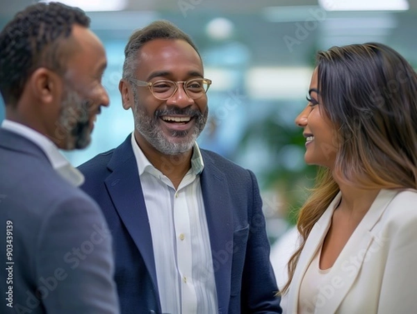 Fototapeta Business professionals interacting with clients in a welcoming office environment, ensuring positive client relationships and satisfaction