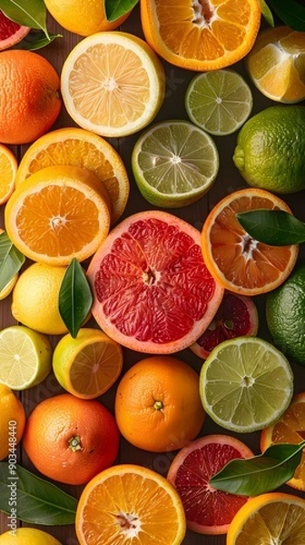 Obraz Detailed top view of an assortment of fresh citrus fruits, showcasing their bright colors.