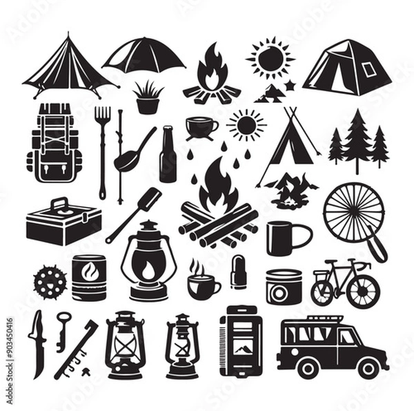 Fototapeta Camping elements set silhouette vector illustration.