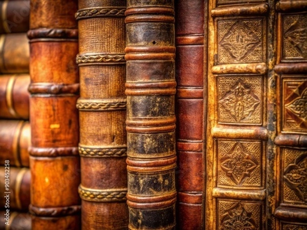 Fototapeta Worn, vintage leather book spines with subtle sepia tones, weathered edges, and intricate details evoke a nostalgic, timeless atmosphere with classic, literary charm.