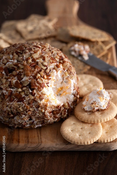 Obraz Close-up of a Classic Cheeseball with crackers on a cutting board with cheese knife