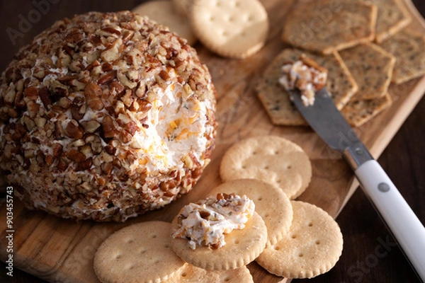 Obraz Close-up of a Classic Cheeseball with crackers on a cutting board with cheese knife