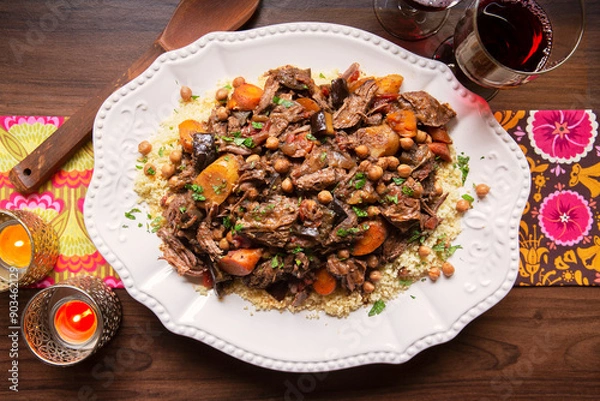 Obraz Moroccan Family Dinner Platter of, Beef Stew with Couscous and Vegetables on a Wooden Table with candles and wine