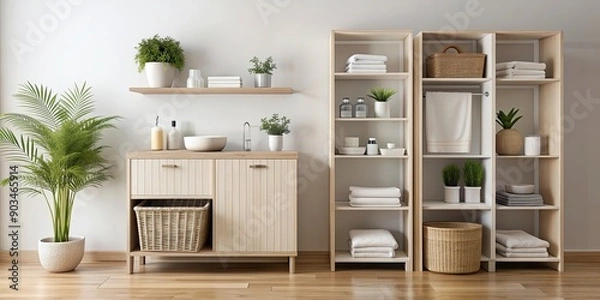 Fototapeta Cabinet in bathroom with shelves and baskets holding clean towels and toiletries in scandinavian style decor, scandinavian
