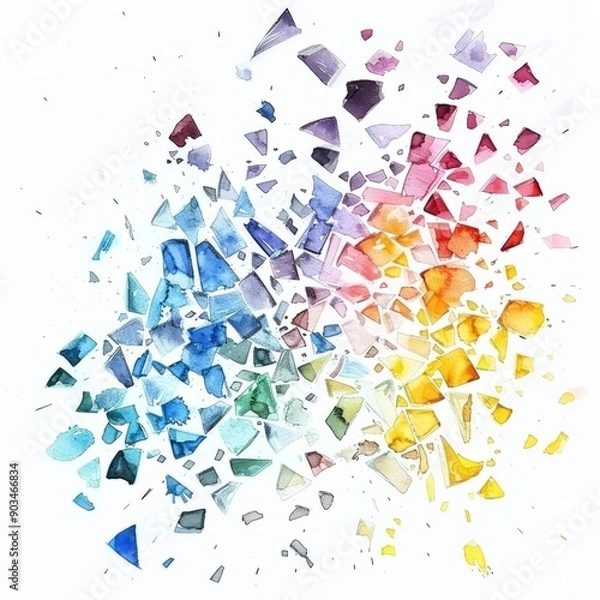 Fototapeta Watercolor painting of shattered glass creating a prism effect, on isolated white background, Generative AI