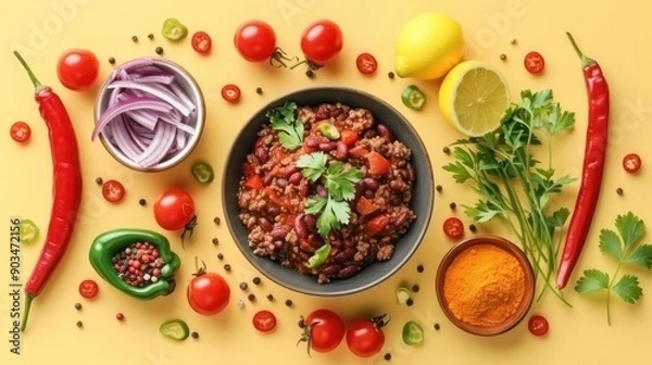 Fototapeta a bowl of chili and vegetables on a yellow background